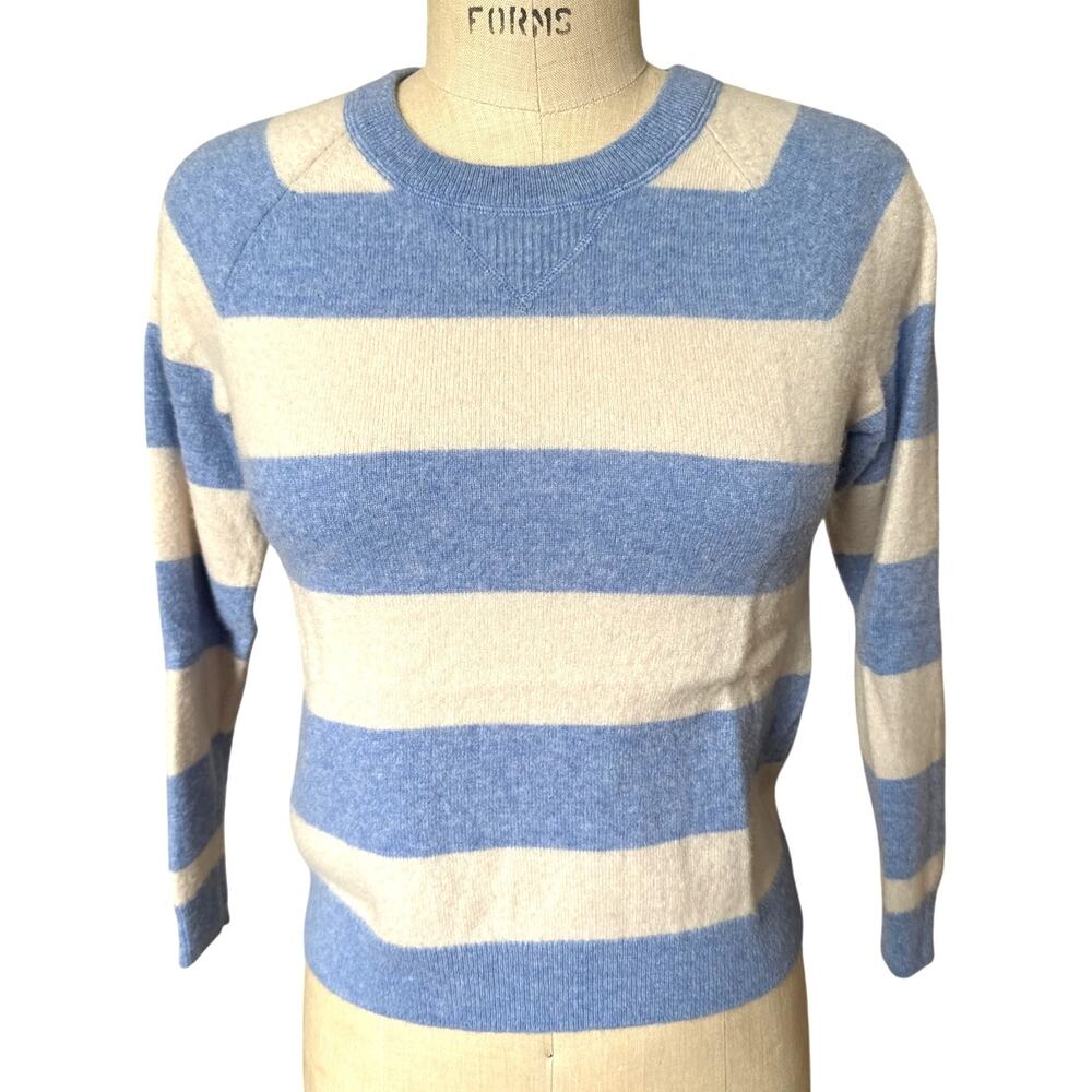 Garnet Hill 100% Cashmere Wide Stripe Crewneck Sweater Blue Cream Size XS